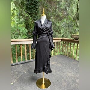 Misa Elegant Black Wrap Dress with Ruffle Details NWT Satin Calithea